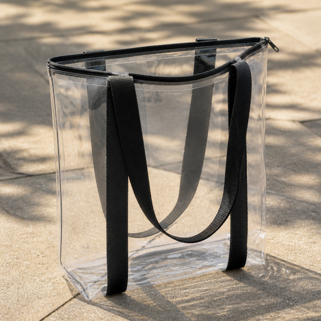 A clear PVC stadium tote with black straps standing on tile