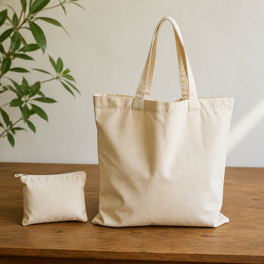 A canvas tote with leather handles and a square base